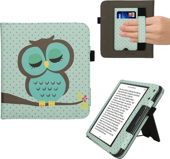 kwmobile e-reader hoesje geschikt voor Kobo Libra Colour hoes - E reader flip case van kunstleer - Ereader cover met stand - Slapende Uil design in turquoise / bruin / mintgroen van Merkloos