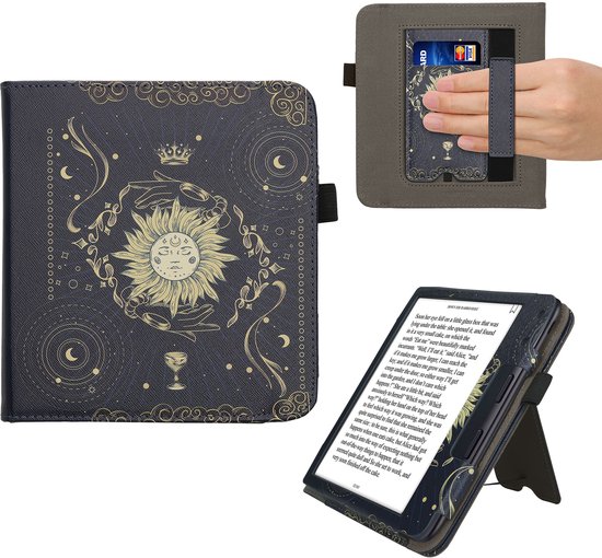 kwmobile e-reader hoesje geschikt voor Kobo Libra Colour hoes - E reader flip case van kunstleer - Ereader cover met stand - Tarotkaart design in donkerblauw / geel / zwart van Merkloos