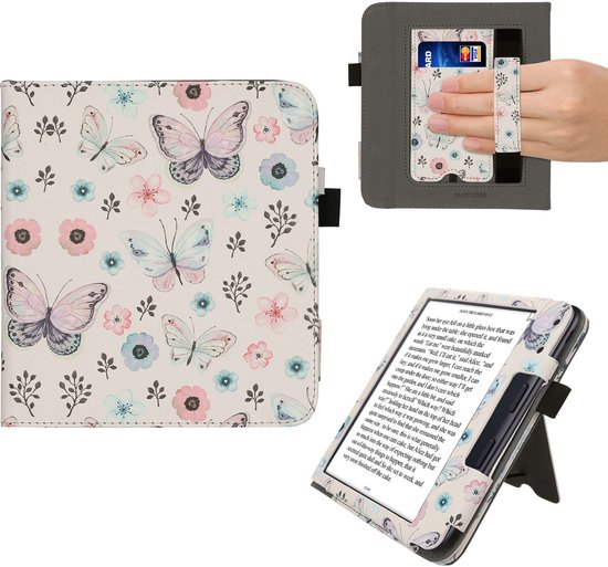 kwmobile e-reader hoesje geschikt voor Kobo Libra Colour hoes - E reader flip case van kunstleer - Ereader cover met stand - Vlinderanemoon design in wit / licht oudroze / vintage groen