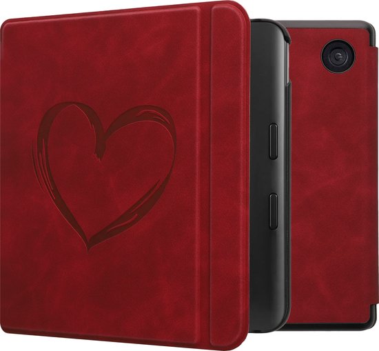 kwmobile e-reader hoesje geschikt voor Kobo Libra Colour hoes - Ereader flip case met standaard - Kunstleren e reader cover - Brushed Hart design in donkerrood van Merkloos
