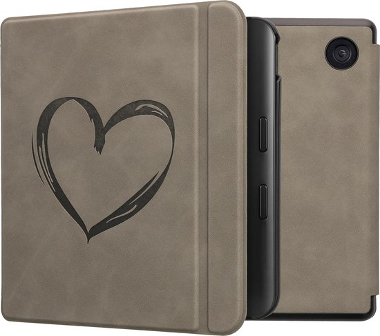 kwmobile e-reader hoesje geschikt voor Kobo Libra Colour hoes - Ereader flip case met standaard - Kunstleren e reader cover - Brushed Hart design in grijs