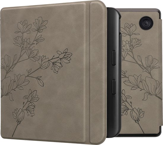 kwmobile e-reader hoesje geschikt voor Kobo Libra Colour hoes - Ereader flip case met standaard - Kunstleren e reader cover - Magnolia design in grijs van Merkloos