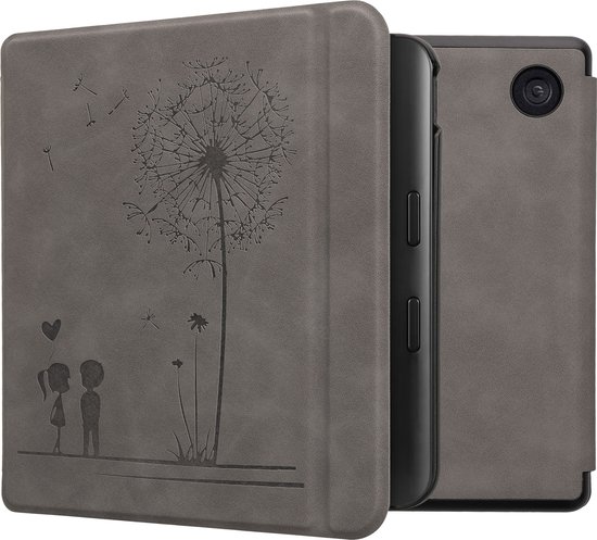 kwmobile e-reader hoesje geschikt voor Kobo Libra Colour hoes - Ereader flip case met standaard - Kunstleren e reader cover - Paardenbloemen Liefde design in grijs van Merkloos