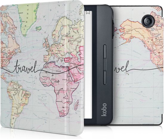 kwmobile e-reader hoesje geschikt voor Kobo Libra H2O hoes - E reader flip case met magnetische sluiting - Ereader cover - Travel Wereldkaart design in zwart / meerkleurig van Merkloos
