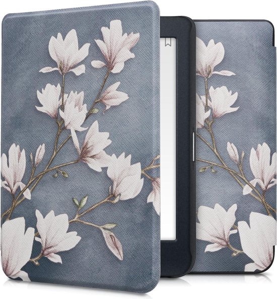 kwmobile e-reader hoesje geschikt voor Kobo Nia hoes - E reader flip case met magnetische sluiting - Ereader cover - Magnolia design in taupe / wit / blauwgrijs van Merkloos