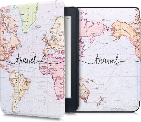 kwmobile e-reader hoesje geschikt voor Kobo Nia hoes - E reader flip case met magnetische sluiting - Ereader cover - Travel Wereldkaart design in zwart / meerkleurig van Merkloos
