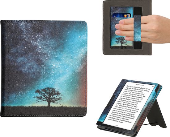 kwmobile e-reader hoesje geschikt voor Onyx Boox Leaf 2 hoes - E reader flip case van kunstleer - Ereader cover met stand - Sterrenstelsel en Boom design in blauw / grijs / zwart
