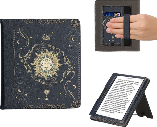 kwmobile e-reader hoesje geschikt voor Onyx Boox Leaf 2 hoes - E reader flip case van kunstleer - Ereader cover met stand - Tarotkaart design in donkerblauw / geel / zwart