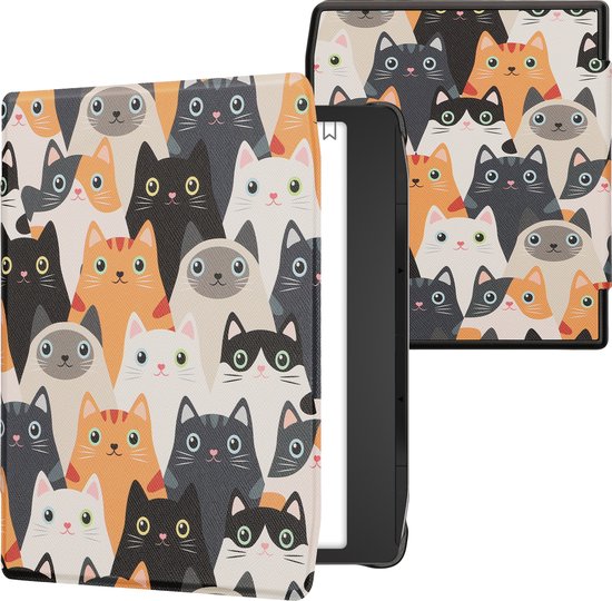 kwmobile e-reader hoesje geschikt voor Pocketbook Era / Era Color hoes - E reader flip case met magnetische sluiting - Ereader cover - Katten design in oranje / zwart / wit van Merkloos