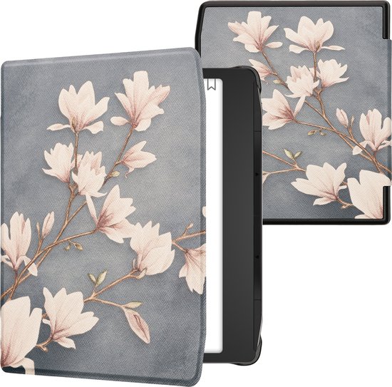 kwmobile e-reader hoesje geschikt voor Pocketbook Era / Era Color hoes - E reader flip case met magnetische sluiting - Ereader cover - Magnolia design in taupe / wit / blauwgrijs van Merkloos