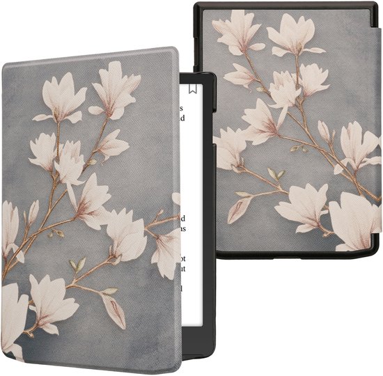 kwmobile e-reader hoesje geschikt voor Pocketbook InkPad 4 / Color 3 / Color 2 / Vivlio InkPad 4 / InkPad Color 3 hoes - E reader flip case met magnetische sluiting - Ereader cover - Magnolia design in taupe / wit / blauwgrijs