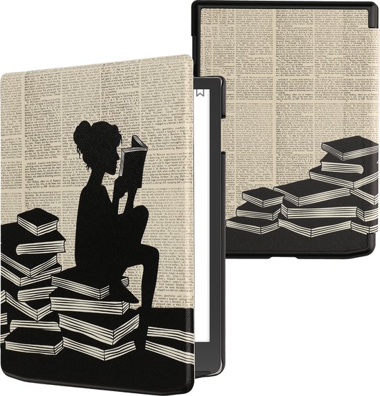 kwmobile e-reader hoesje geschikt voor Pocketbook InkPad 4 / Color 3 / Color 2 / Vivlio InkPad 4 / InkPad Color 3 hoes - E reader flip case met magnetische sluiting - Ereader cover - Meisje met boeken design in zwart / beige