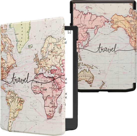 kwmobile e-reader hoesje geschikt voor Pocketbook InkPad 4 / Color 3 / Color 2 / Vivlio InkPad 4 / InkPad Color 3 hoes - E reader flip case met magnetische sluiting - Ereader cover - Travel Wereldkaart design in zwart / meerkleurig