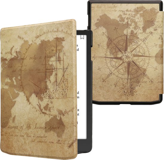 kwmobile e-reader hoesje geschikt voor Pocketbook InkPad 4 / Color 3 / Color 2 / Vivlio InkPad 4 / InkPad Color 3 hoes - E reader flip case met magnetische sluiting - Ereader cover - Vintage Travel design in bruin / lichtbruin