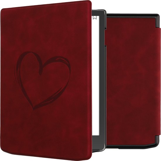 kwmobile e-reader hoesje geschikt voor Pocketbook InkPad 4 / Color 3 / Color 2 / Vivlio InkPad 4 / InkPad Color 3 hoes - Ereader flip case met standaard - Kunstleren e reader cover - Brushed Hart design in donkerrood