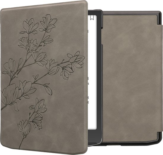 kwmobile e-reader hoesje geschikt voor Pocketbook InkPad 4 / Color 3 / Color 2 / Vivlio InkPad 4 / InkPad Color 3 hoes - Ereader flip case met standaard - Kunstleren e reader cover - Magnolia design in grijs van Merkloos