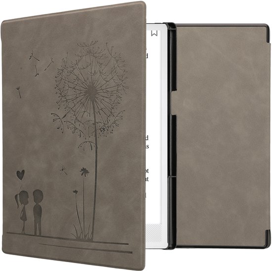 kwmobile e-reader hoesje geschikt voor Pocketbook InkPad One hoes - Ereader flip case met standaard - Kunstleren e reader cover - Paardenbloemen Liefde design in grijs
