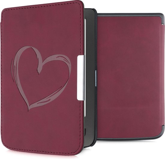 kwmobile e-reader hoesje geschikt voor Pocketbook Touch Lux 3/Basic Lux/Basic Touch 2 hoes - Ereader flip case met standaard - Kunstleren e reader cover - Brushed Hart design in donkerrood van Merkloos