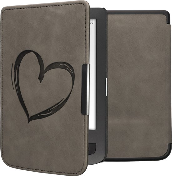 kwmobile e-reader hoesje geschikt voor Pocketbook Touch Lux 3/Basic Lux/Basic Touch 2 hoes - Ereader flip case met standaard - Kunstleren e reader cover - Brushed Hart design in grijs van Merkloos
