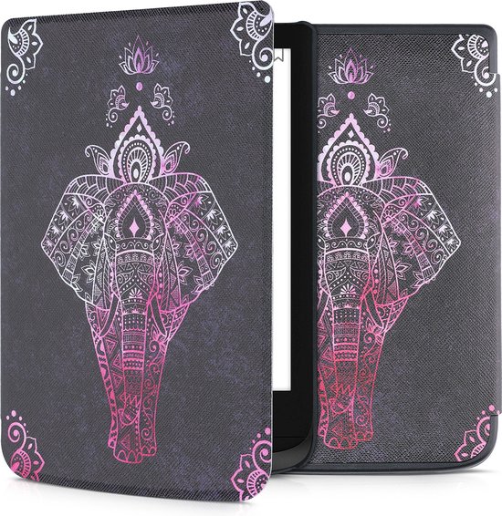 kwmobile e-reader hoesje geschikt voor Pocketbook Touch Lux 4/5/Touch HD 3/Color (2020)/ Vivlio Lux 5 hoes - E reader flip case met magnetische sluiting - Ereader cover - Olifantentekening design in roze / antraciet van kwmobile