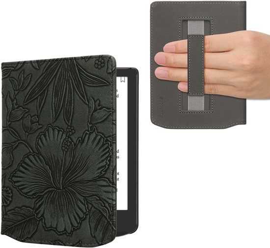kwmobile e-reader hoesje geschikt voor Pocketbook Verse / Verse Lite / Verse Pro / Color / Vivlio Light/Light HD hoes - E reader flip case met magneetsluiting - Ereader cover - Bloemen in reliëf design in groen van Merkloos