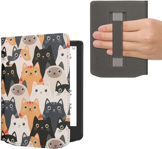 kwmobile e-reader hoesje geschikt voor Pocketbook Verse / Verse Lite / Verse Pro / Color / Vivlio Light/Light HD hoes - E reader flip case met magneetsluiting - Ereader cover - Katten design in oranje / zwart / wit van Merkloos