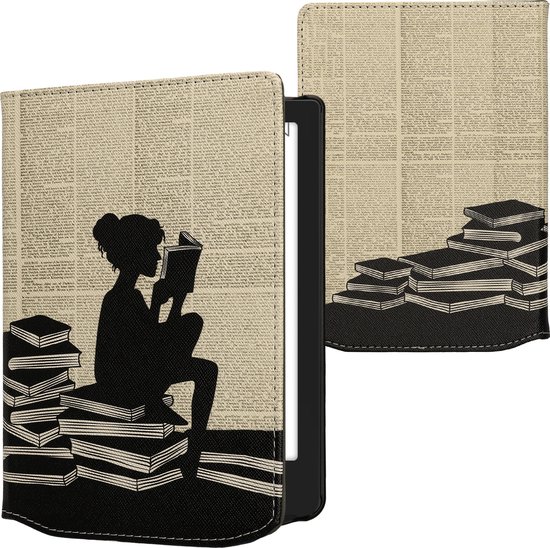 kwmobile e-reader hoesje geschikt voor Pocketbook Verse / Verse Lite / Verse Pro / Color / Vivlio Light/Light HD hoes - E reader flip case met magneetsluiting - Ereader cover - Meisje met boeken design in zwart / beige van Merkloos