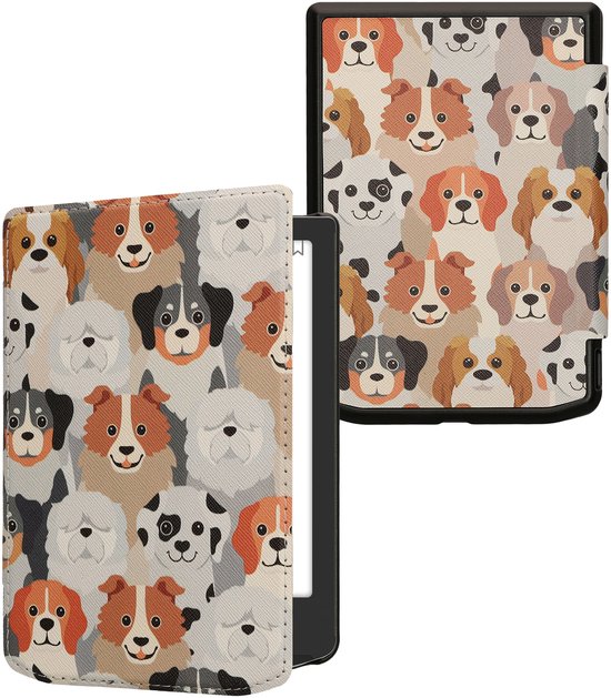 kwmobile e-reader hoesje geschikt voor Pocketbook Verse / Verse Lite / Verse Pro / Color / Vivlio Light/Light HD hoes - E reader flip case met magnetische sluiting - Ereader cover - Honden Ontwerp design in wit / lichtbruin / grijs