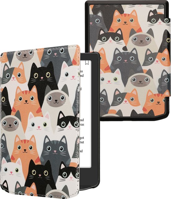 kwmobile e-reader hoesje geschikt voor Pocketbook Verse / Verse Lite / Verse Pro / Color / Vivlio Light/Light HD hoes - E reader flip case met magnetische sluiting - Ereader cover - Katten design in oranje / zwart / wit van Merkloos