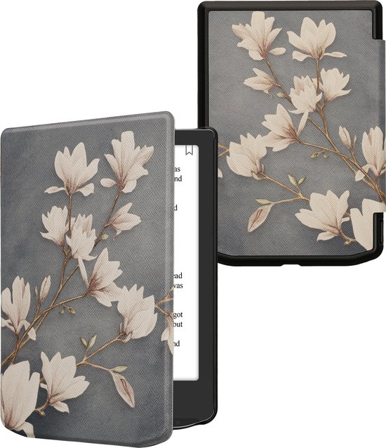 kwmobile e-reader hoesje geschikt voor Pocketbook Verse / Verse Lite / Verse Pro / Color / Vivlio Light/Light HD hoes - E reader flip case met magnetische sluiting - Ereader cover - Magnolia design in taupe / wit / blauwgrijs van Merkloos