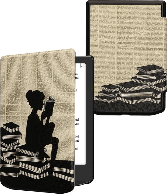kwmobile e-reader hoesje geschikt voor Pocketbook Verse / Verse Lite / Verse Pro / Color / Vivlio Light/Light HD hoes - E reader flip case met magnetische sluiting - Ereader cover - Meisje met boeken design in zwart / beige van Merkloos