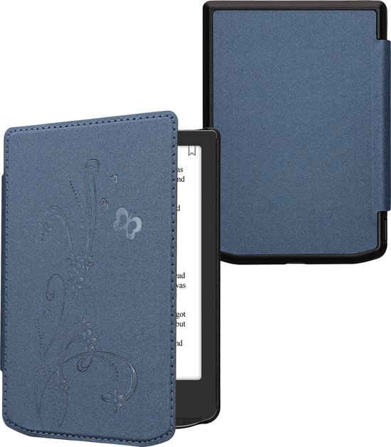 kwmobile e-reader hoesje geschikt voor Pocketbook Verse / Verse Lite / Verse Pro / Color / Vivlio Light/Light HD hoes - E reader flip case met magnetische sluiting - Ereader cover - Stengels en Vlinder design in donkerblauw van Merkloos