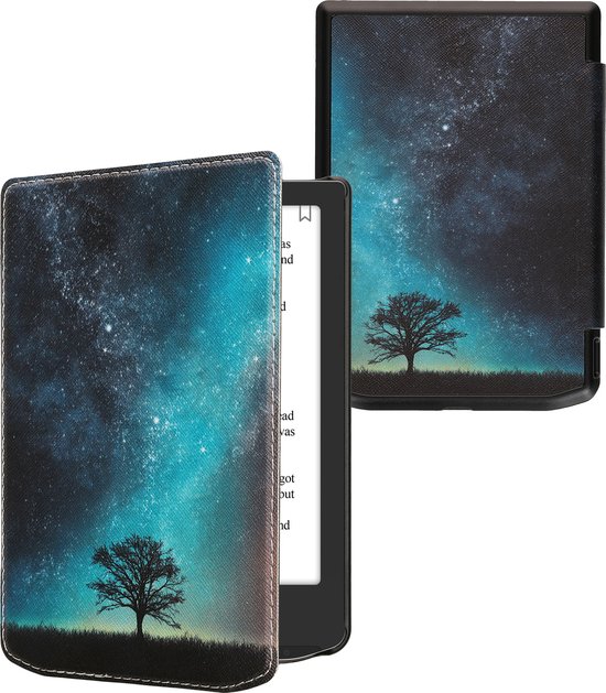 kwmobile e-reader hoesje geschikt voor Pocketbook Verse / Verse Lite / Verse Pro / Color / Vivlio Light/Light HD hoes - E reader flip case met magnetische sluiting - Ereader cover - Sterrenstelsel en Boom design in blauw / grijs / zwart van Merkloos