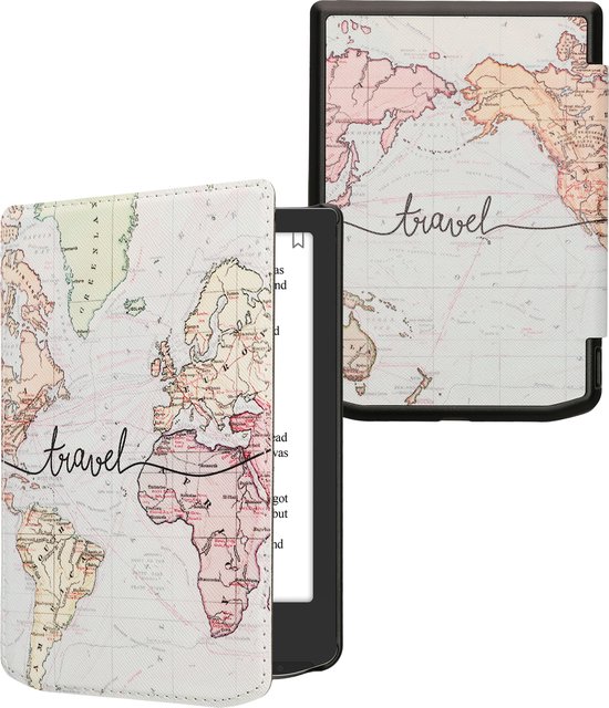 kwmobile e-reader hoesje geschikt voor Pocketbook Verse / Verse Lite / Verse Pro / Color / Vivlio Light/Light HD hoes - E reader flip case met magnetische sluiting - Ereader cover - Travel Wereldkaart design in zwart / meerkleurig van Merkloos