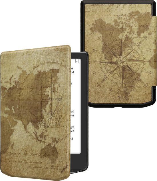 kwmobile e-reader hoesje geschikt voor Pocketbook Verse / Verse Lite / Verse Pro / Color / Vivlio Light/Light HD hoes - E reader flip case met magnetische sluiting - Ereader cover - Vintage Travel design in bruin / lichtbruin van Merkloos