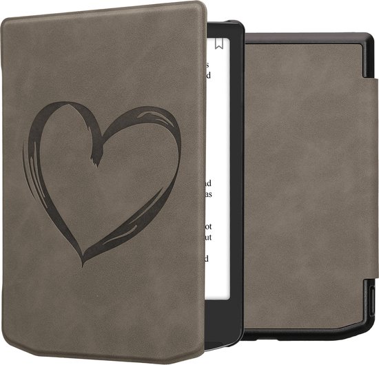 kwmobile e-reader hoesje geschikt voor Pocketbook Verse / Verse Lite / Verse Pro / Color / Vivlio Light/Light HD hoes - Ereader flip case met standaard - Kunstleren e reader cover - Brushed Hart design in grijs van Merkloos