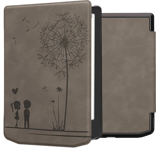 kwmobile e-reader hoesje geschikt voor Pocketbook Verse / Verse Lite / Verse Pro / Color / Vivlio Light/Light HD hoes - Ereader flip case met standaard - Kunstleren e reader cover - Paardenbloemen Liefde design in grijs van Merkloos