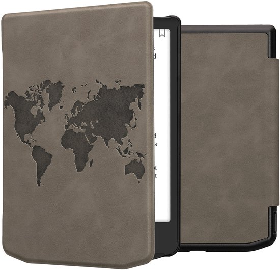kwmobile e-reader hoesje geschikt voor Pocketbook Verse / Verse Lite / Verse Pro / Color / Vivlio Light/Light HD hoes - Ereader flip case met standaard - Kunstleren e reader cover - Wereldkaart design in grijs van Merkloos