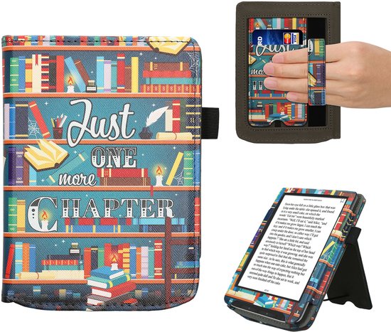 kwmobile e-reader hoesje geschikt voor Pocketbook Verse/Verse Lite/Pro/Color/Vivlio Light HD hoes - E reader flip case van kunstleer - Ereader cover met stand - bibliotheek design in meerkleurig