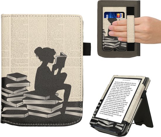 kwmobile e-reader hoesje geschikt voor Pocketbook Verse/Verse Lite/Pro/Color/Vivlio Light HD hoes - E reader flip case van kunstleer - Ereader cover met stand - Meisje met boeken design in zwart / beige