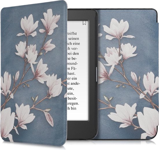 kwmobile e-reader hoesje geschikt voor Tolino Page 2 hoes - E reader flip case met magnetische sluiting - Ereader cover - Magnolia design in taupe / wit / blauwgrijs
