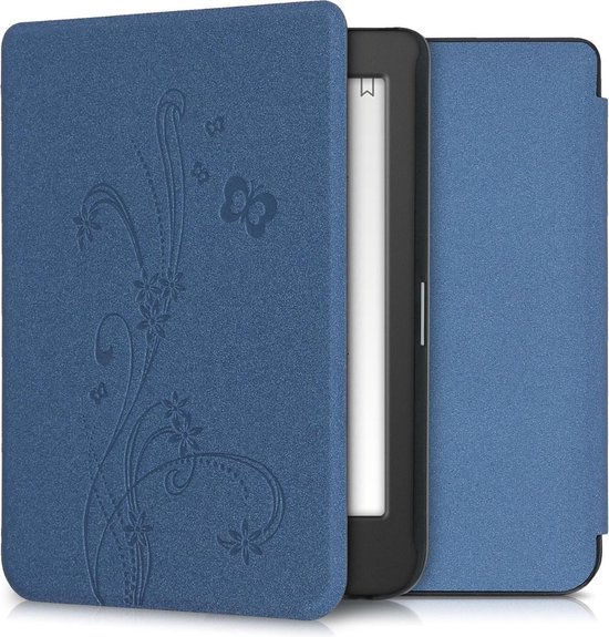 kwmobile e-reader hoesje geschikt voor Tolino Page 2 hoes - E reader flip case met magnetische sluiting - Ereader cover - Stengels en Vlinder design in donkerblauw van Merkloos
