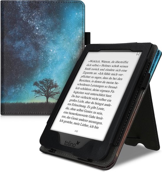 kwmobile e-reader hoesje geschikt voor Tolino Page 2 hoes - E reader flip case van kunstleer - Ereader cover met stand - Sterrenstelsel en Boom design in blauw / grijs / zwart