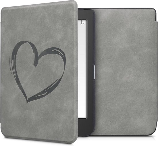kwmobile e-reader hoesje geschikt voor Tolino Page 2 hoes - Ereader flip case met standaard - Kunstleren e reader cover - Brushed Hart design in grijs van Merkloos