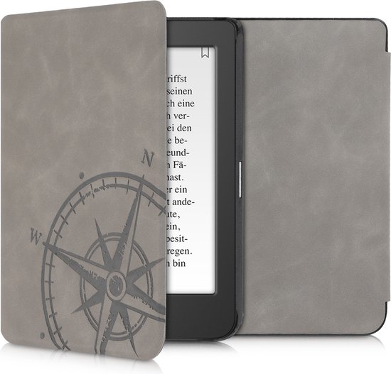 kwmobile e-reader hoesje geschikt voor Tolino Page 2 hoes - Ereader flip case met standaard - Kunstleren e reader cover - Vintage Kompas design in grijs van Merkloos