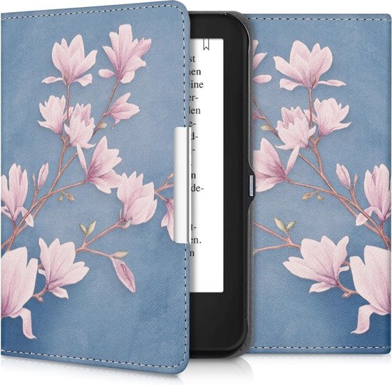 kwmobile e-reader hoesje geschikt voor Tolino Shine 2 HD hoes - E reader flip case met magnetische sluiting - Ereader cover - Magnolia design in taupe / wit / blauwgrijs van Merkloos