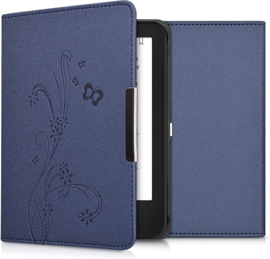kwmobile e-reader hoesje geschikt voor Tolino Shine 2 HD hoes - E reader flip case met magnetische sluiting - Ereader cover - Stengels en Vlinder design in donkerblauw van Merkloos