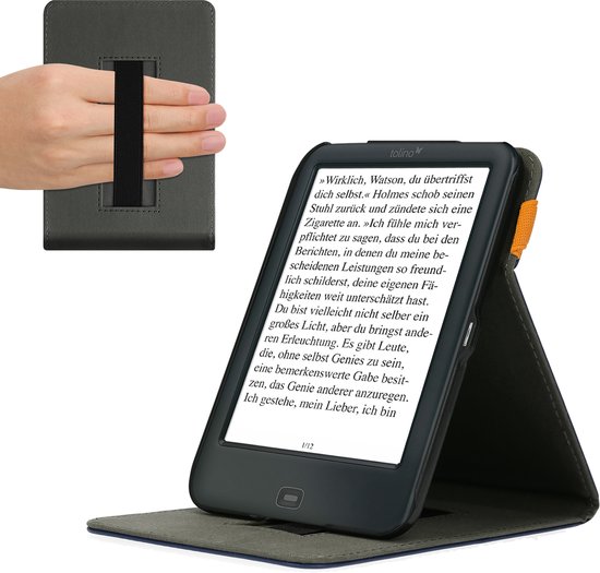 kwmobile e-reader hoesje geschikt voor Tolino Shine 2 HD hoes - E reader flip case van kunstleer - Ereader cover met handgrip en stand - In donkerblauw van Merkloos