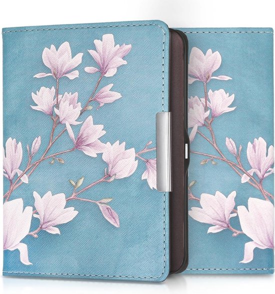 kwmobile e-reader hoesje geschikt voor Tolino Shine (2013) hoes - E reader flip case met magnetische sluiting - Ereader cover - Magnolia design in taupe / wit / blauwgrijs van kwmobile