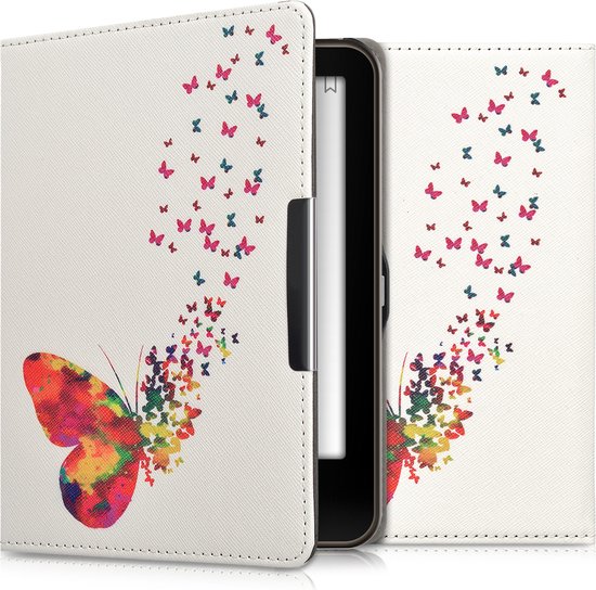kwmobile e-reader hoesje geschikt voor Tolino Vision 1 / 2 / 3 / 4 HD hoes - E reader flip case met magnetische sluiting - Ereader cover - Zwerm Vlinders design in meerkleurig / roze / wit van Merkloos